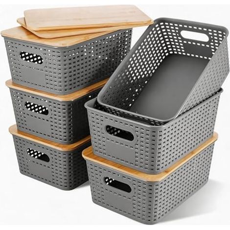 6 Boîtes de Rangement Empilable avec Couvercle en Bambou, Panier en Plastique Imitation Osier, Boite de Rangement avec Couvercle Pratique pour Cuisine, Salon, Salle de Bain ou Bureau
