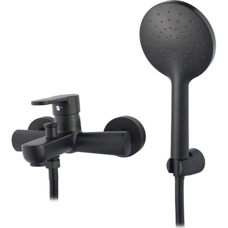 Miscelatore monocomando esterno vasca serie Paco con deviatore automatico completo di doccetta flessibile e gancio in ottone nero opaco (1/2)