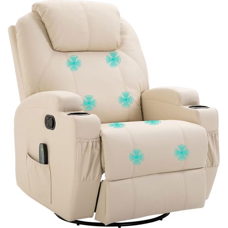 Fauteuil de massage inclinable, fauteuil TV avec fonction inclinable, vibration, repose-pieds, poche latérale, fauteuil de salon, blanc crème