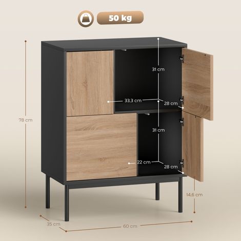 Buffet avec portes pousser-tirer, armoire salle à manger pieds métal, meuble cuisine MDF noir + bois naturel (1/5)