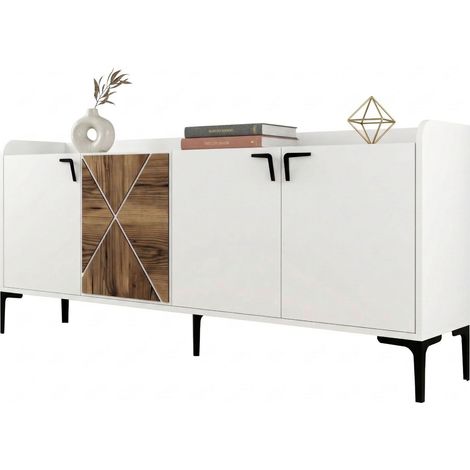 Credenza Elini, Madia 2 Ripiani, 4 Ante, 1 Anta Effetto Legno, 180x35x78h cm Bianco