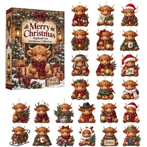 Highland Adventskalender-Geschenkbox 2026 – 24 flache 2D-Acryl-Weihnachtsornamente – Landhausstil mit Kühen und Weihnachtsmotiven (1/5)