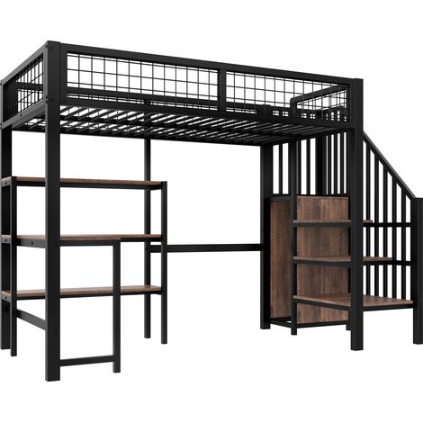 Lit mezzanine 90x200 cm métal bureau étagères armoire noir sans matelas