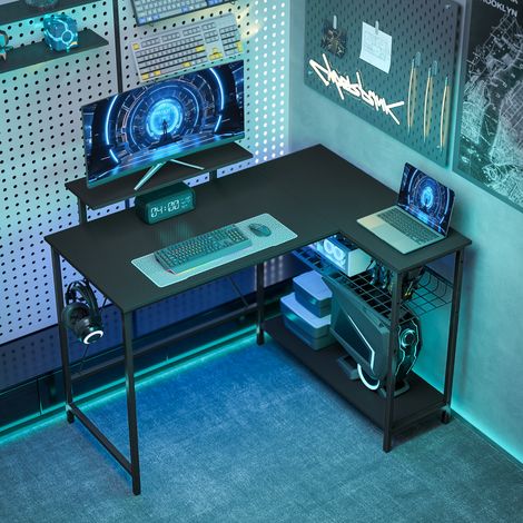Bureau gaming réversible, bureau gaming d'angle, support pour écran, étagère en maille réglable, 114,5x82x91,5cm, noir (1/5)