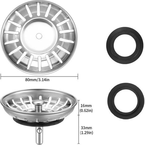 Bouchon evier Cuisine 80mm - Filtre evier Cuisine - Bonde evier Cuisine INOX,2 Joints de Rechange Originaux pour évier de Cuisine (1/5)