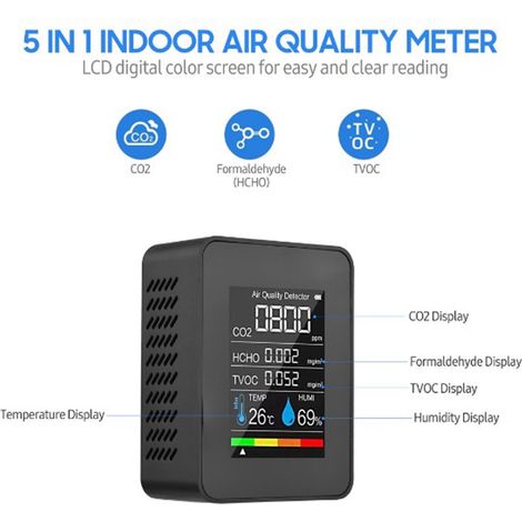 Multifunktionaler NDIR-Kohlendioxiddetektor, PM2.5-Formaldehyddetektor, Temperatur- und Feuchtigkeitsdetektor, Luftqualitätsdetektor, schwarzer Halbleiter. (1/5)