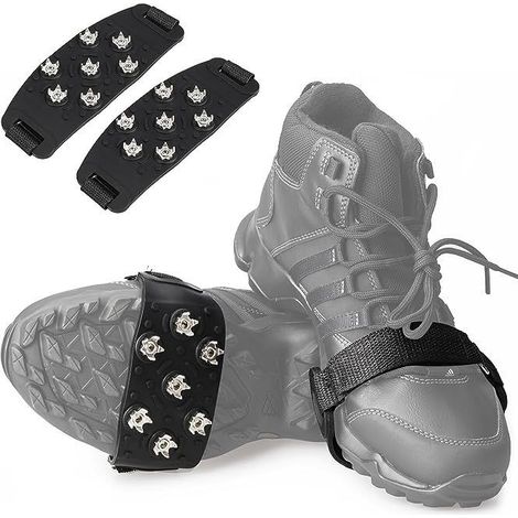 Un par de tacos antideslizantes para zapatos, con 7 clavos antideslizantes, aptos para zapatos, zapatillas y botas, en color negro.