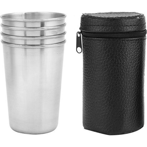 Gobelet Inox,Mug Inox Enfant et Adulte,Tasse Empilable Gobelets en Acier Inoxydable,Ensemble de 4 gobelets Portables en Acier Inoxydable avec étui de Transport en Cuir Noir pour Camping,Voyage(Large) (1/5)