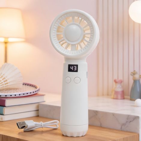 Wiederaufladbarer tragbarer Ventilator mit Digitalanzeige, weißer Handventilator im Cartoon-Stil, stufenlos einstellbare Geschwindigkeit, sommerliche Erfrischung (1/2)