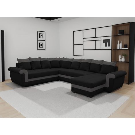 Bestmobilier – Canapé panoramique réversible 7 places convertible avec coffre – Tissu bicolore – Couchage 140x200 cm – Structure bois massif (1/5)
