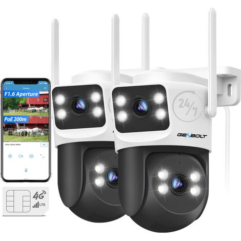 GENBOLT 3G/4G LTE Caméra Surveillance Extérieure Sans WiFi, 24/7Enregistrement Continu Double Objectif avec Carte Sim, PoE PTZ CCTV IP Camera Détection Humaine Suivi Auto