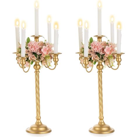Chandelier Or 53cm: 2 Pièces Chandelier sur Pied pour Centre de Table, 5 Bras Chandeliers Vintage pour Décoration de Cheminée de Réception de Mariage Anniversaire Fêtes De Noël (1/5)