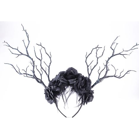 Haarreif mit schwarzem Rosenzweig im Gothic-Stil für Halloween-Partys, inspiriert von dunklen Motiven, sowie Haarband mit Federn und Waldmotiven – ein echter Hingucker (1/3)