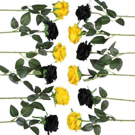 12 Pièces Roses Artificielles Bouquet De Fleurs Faux Soie Fleurs Home Wedding Party Decor(Noir, Jaune) (1/5)
