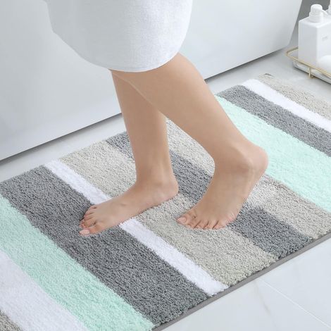 Tapis de bain rayé – 60×90 cm, microfibre à poils longs, absorbant, lavable machine (vert/gris) (1/5)