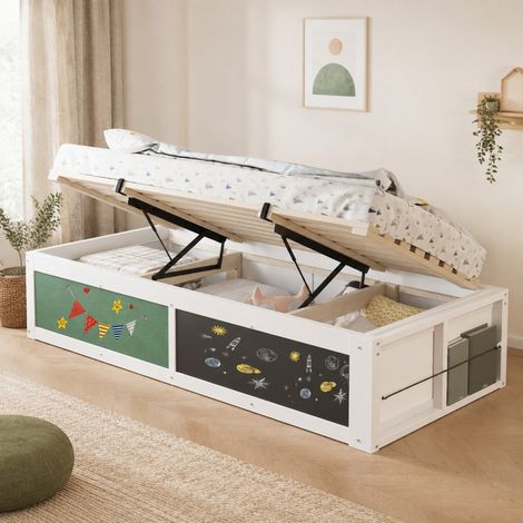 Letto per bambini 90 x 200 cm con contenitore idraulico, lavagna e libreria laterale, bianco (1/5)
