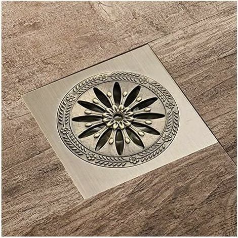 Scarico doccia in ottone anticato, scarico a pavimento quadrato, griglia antiodore per doccia, grande diametro 10 x 10 cm, accessori per il bagno. (1/5)