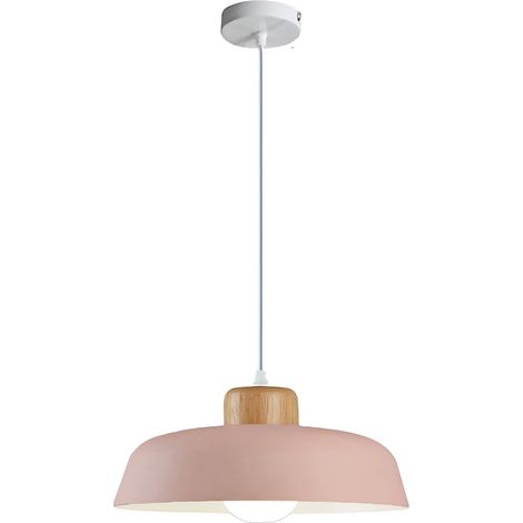 Suspension ronde métal 300mm macaron,finition bois moderne E27 Loft,lustre plafonnier bar,salle à manger îlot cuisine (Rose) (1/4)