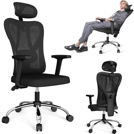Chaise de bureau ergonomique en maille avec roulettes, dossier réglable, avec appui-tête en maille, capacité de charge 300 kg, chaise de patron à dossier haut, chaise de jeu réglable en hauteur, chais (1/5)