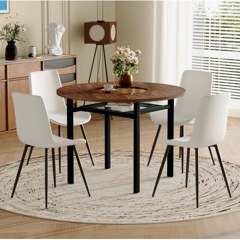 Conjunto de mesa de comedor redonda de 100 cm con 4 sillas blancas de PU, marrón y negro HAVRYA (1/5)