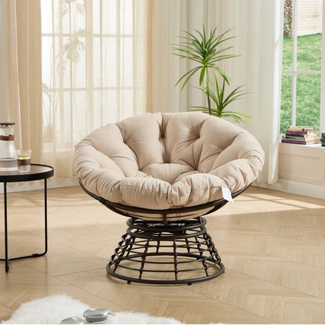 Sedia girevole 360° con cuscino imbottito, struttura in acciaio e rattan PE, stile moderno, beige (1/5)