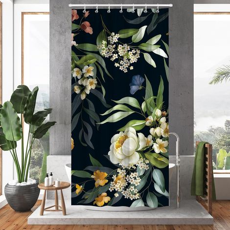 Rideau de Douche Artistic Floral - Style Peint à la Main Décoration de Salle de Bain Tissu Polyester imperméable 180 x 90 cm Noir Design Vintage avec Motif inspiré de la Nature (1/5)
