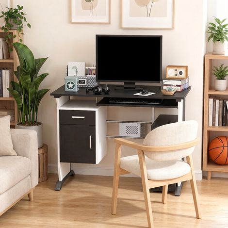 DESMIU Bureau Droit Informatique avec Étagère Coulissante, 1 Tiroir et 1 Caisson, pour Bureau et Chambre, 100 × 52 × 75 cm (1/5)