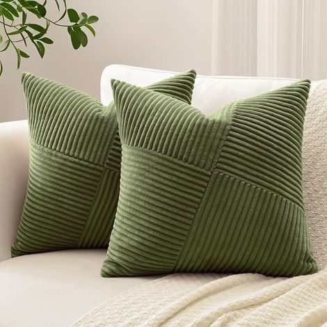 Lot de 2 Housse de Coussin 60x60 cm en Velours Côtelé, Housse Coussins Patchwork à Rayures Pinwheel Doux Taies d'oreiller Décoratives pour Lit Canapé Chambre Salon, Vert Olive (1/5)