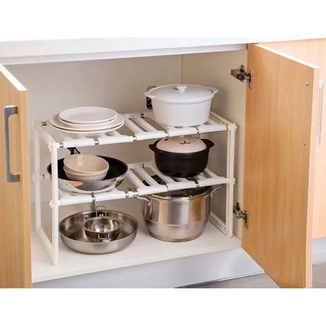 Hofuton Etagère de Rangement sous Evier Rack de Stockage Extensible Organisateur Rangement de Cuisine Maison Gain de Place Meuble Etagère de 2 Etages en Acier Inoxydable Blanc (1/5)