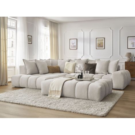 BOBOCHIC - Canapé d'angle fixe EVEREST tissu texturé avec pouf Angle gauche Beige (1/5)
