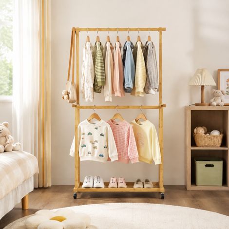 Appendiabiti in bambù con ruote, 2 barre e ripiano per scarpe, 80 x 40 x 160 cm (1/5)