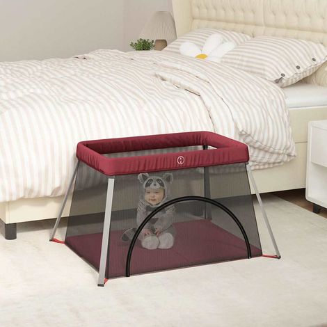 vidaXL Parc pour bébé avec matelas Rouge Tissu de lin (1/5)