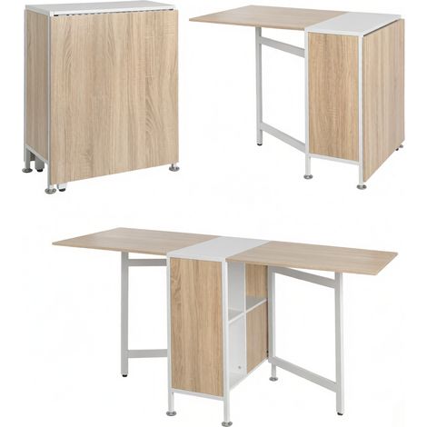 Mesa de comedor extensible y plegable de MDF y acero, blanco y roble claro, 170 cm (1/5)