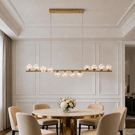 Lustre Doré, 50W LED Lampe Suspendue Cuisine Moderne, 120cm Suspension Luminaire Réglable, 12 Lustres Boule de Verre, Pour Salle à Manger, Salon, Repos (1/5)