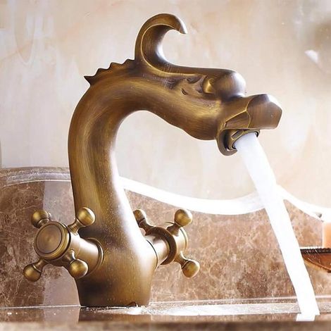 Robinet de lavabo en laiton antique, noir, à double poignée, mitigeur eau chaude/eau froide (1/4)
