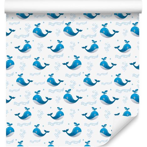 Papier peint baleines blanc et bleu azur pour salon et chambre 50x1000 cm (1/5)