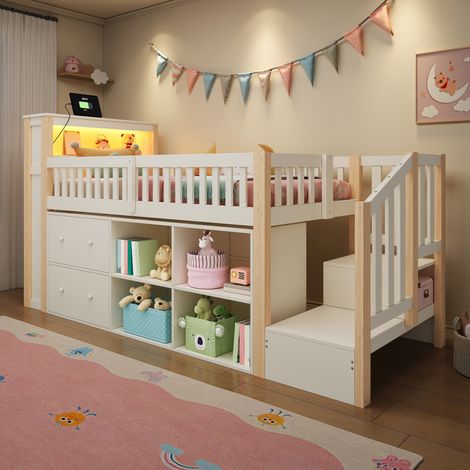 Lit Mezzanine 90x200 cm en Pin Massif Natural avec Escalier Rangement - Tiroirs, LED et USB Intégrés - Sécurisé, Gain de Place Enfant/Ado (1/5)