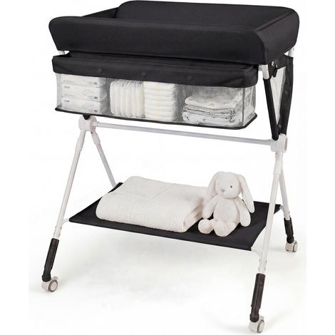 Tissu Oxford et structure pliable, table à langer à hauteur réglable 3 niveaux avec rangements et roulettes (1/2)
