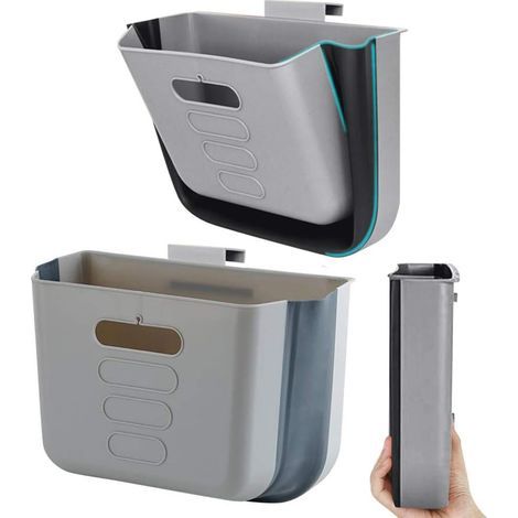 Hanging Kitchen Waste Bin Small Trash Can Foldable Plastic Dustbin Portable Cabinet Rubbish Bin Wall Mounted Garbage Trash Bin for Kitchen Cupboard Door Bathroom Bedroom Office Car Dorm (Dark Grey) (1/5)