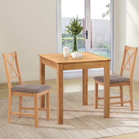 Hallowood Furniture Hereford Oak Dining Table and Chairs Set 2, Square Solid Oak Kitchen Small Table and Chairs with Cross Back and Grey Fabric Padded Seats, Dining Room Sets for Home and Café (1/5)