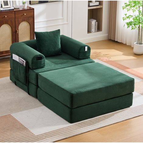 Divano modulare in velluto a coste con pouf, verde, struttura metallica e cuscini, 112 x 190 x 67 cm (1/5)