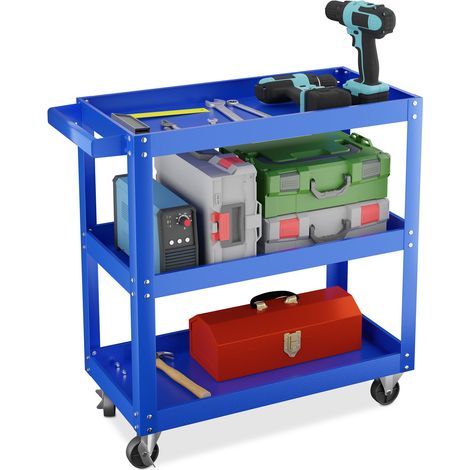 Carrello officina Relaxdays, portautensili a 3 ripiani, mobile, portata 100 kg, HxLxP 76x78x35 cm, blu