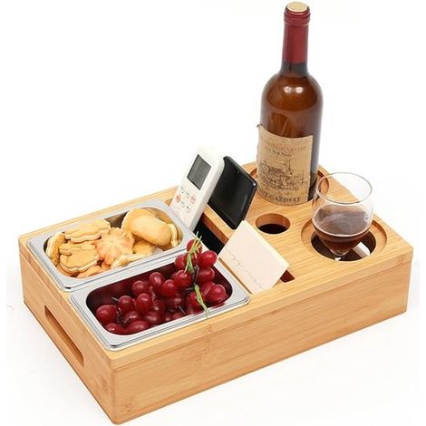 Sofa-Bar, Snackbox, Tablett mit Edelstahl-Snackschalen, Snackbox mit Fächern, Sofa-Tablett, Sofa-Ablage für Wohnzimmer, Schlafzimmer, Garten, Camping