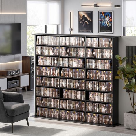 Meuble de rangement 1032 CDs / 594 DVDs, étagère multimédia, 24 compartiments et 18 étagères ajustables, noir (1/5)