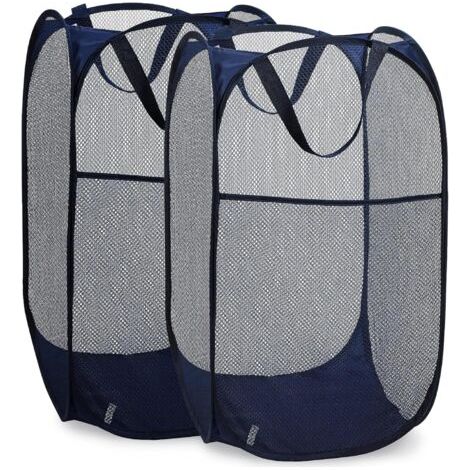 LAN Panier à linge pliable en maille avec large ouverture et poche latérale – Respirant, robuste et peu encombrant pour le rangement des vêtements. (Bleu Lot de 2) (1/5)