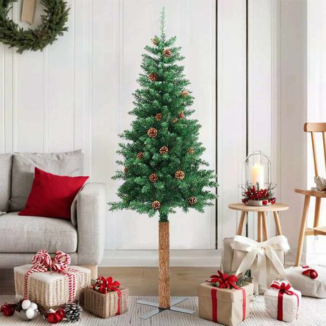 Sapin de Noël mince avec bois véritable et cônes vert-Décoration de Fête pour Noël 150cm PVC 470764 (1/5)