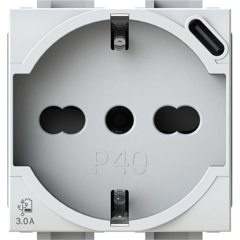 Prise Schuko type P40 avec bloc d'alimentation USB 3 A intégré avec connecteur de type C compatible Bticino LivingLight Blanc (1/5)