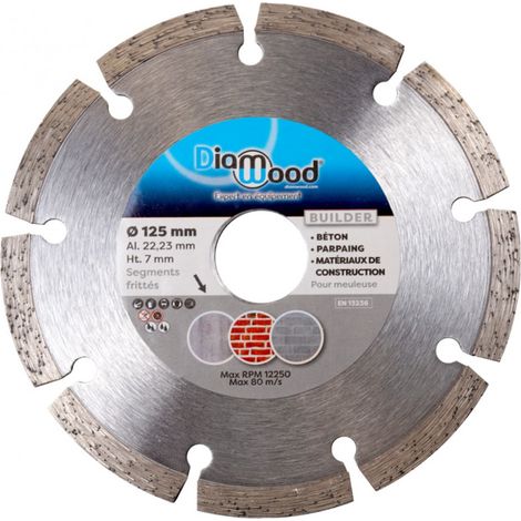 Diamwood – Disque diamant segmenté 125mm – Alésage 22,23mm – Pour béton et parpaing – Coupe rapide et précise – Norme EN 13236