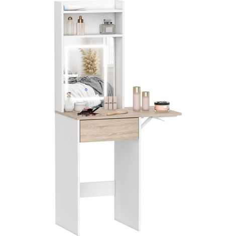 HOMCOM Compact Dressing Table with Lighted Mirror Open Shelves Drawer White