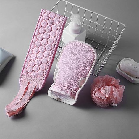 Ensemble de douche exfoliant rose avec serviette et brosse pour le dos (1/3)